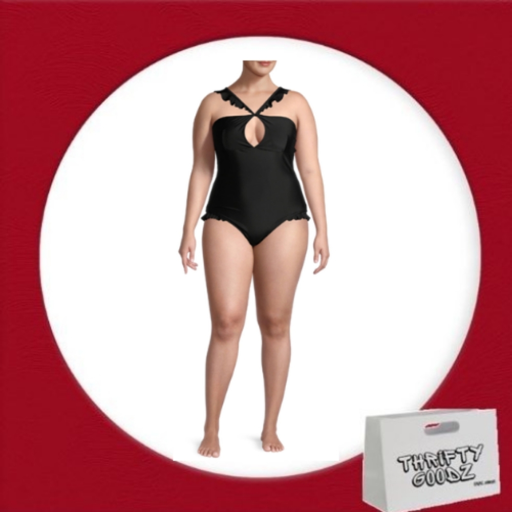 Xoxo Womens Plus Size Peek-A-Boo Frill Neckline One Piece Swimsuit